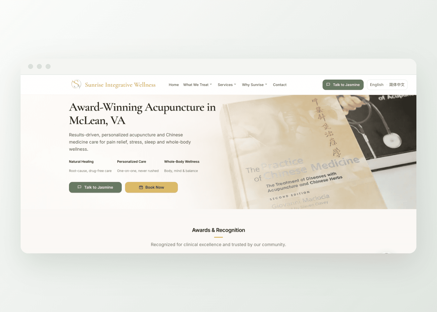 A clinic website open in a browser — its name, its headline, what it treats, and a booking button