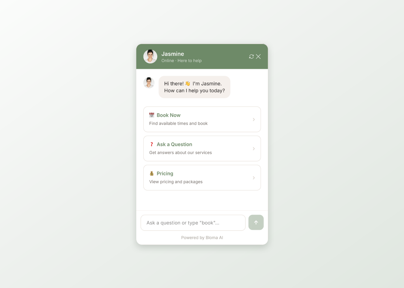 The front-desk assistant's chat panel, offering to book, answer a question or show pricing