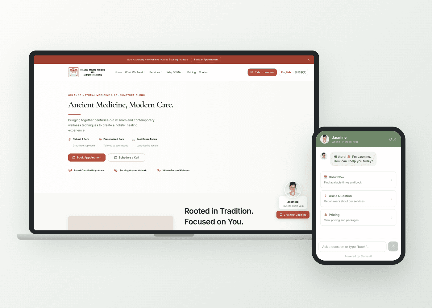 A clinic site on a laptop with the front-desk assistant open on a phone in front of it