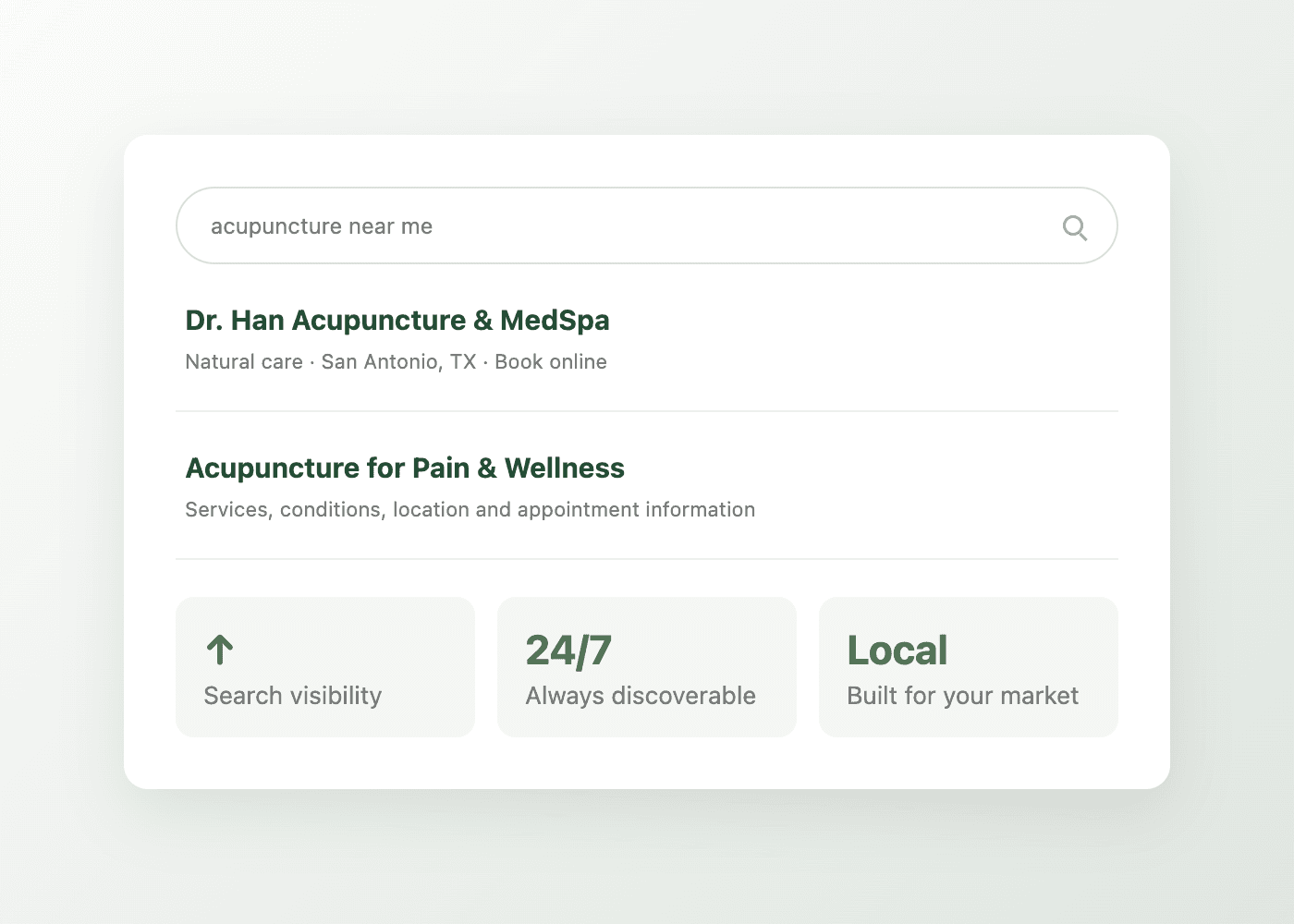A search results card for acupuncture near me, with a clinic's own site as the first result
